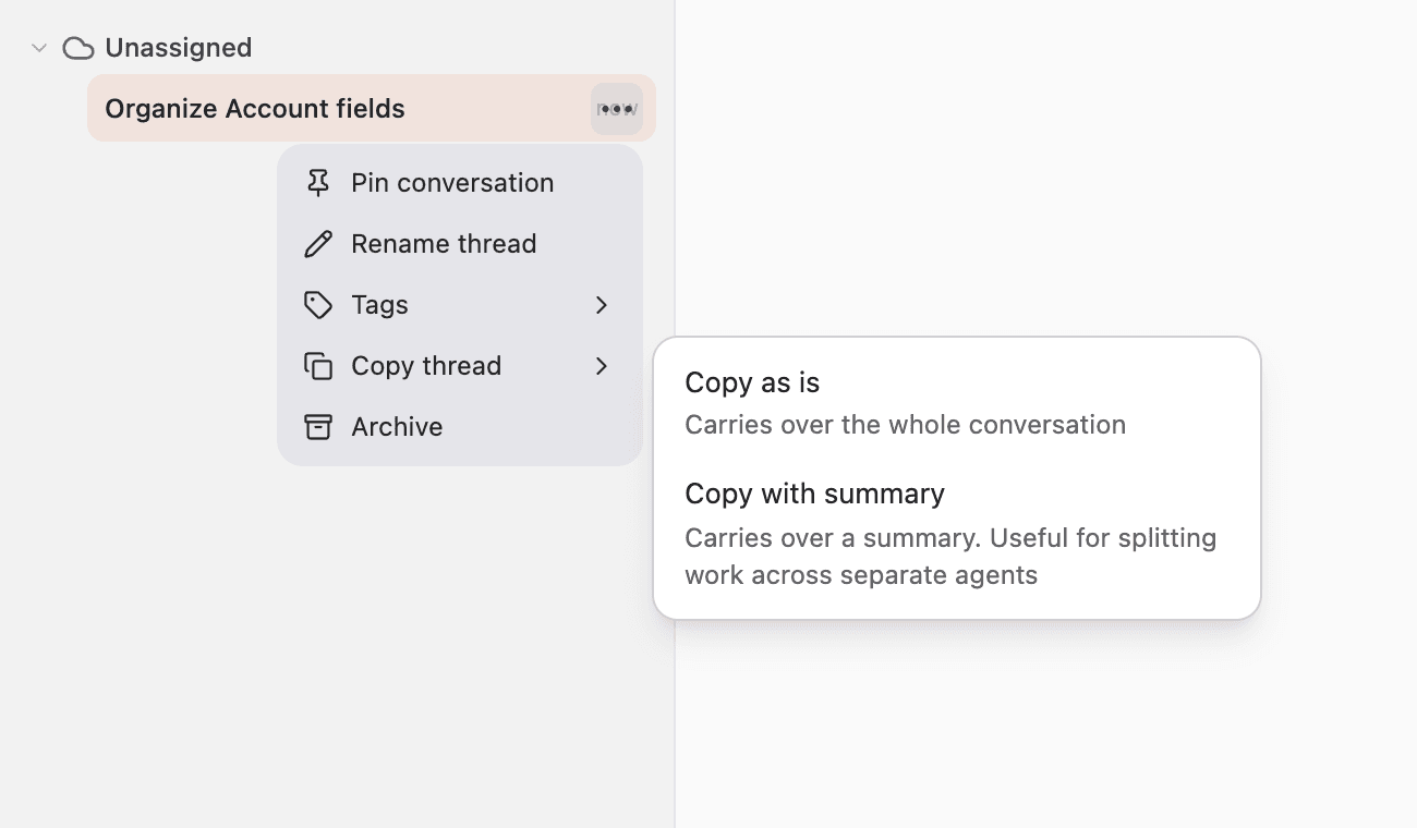 Choosing a copy method from the thread menu
