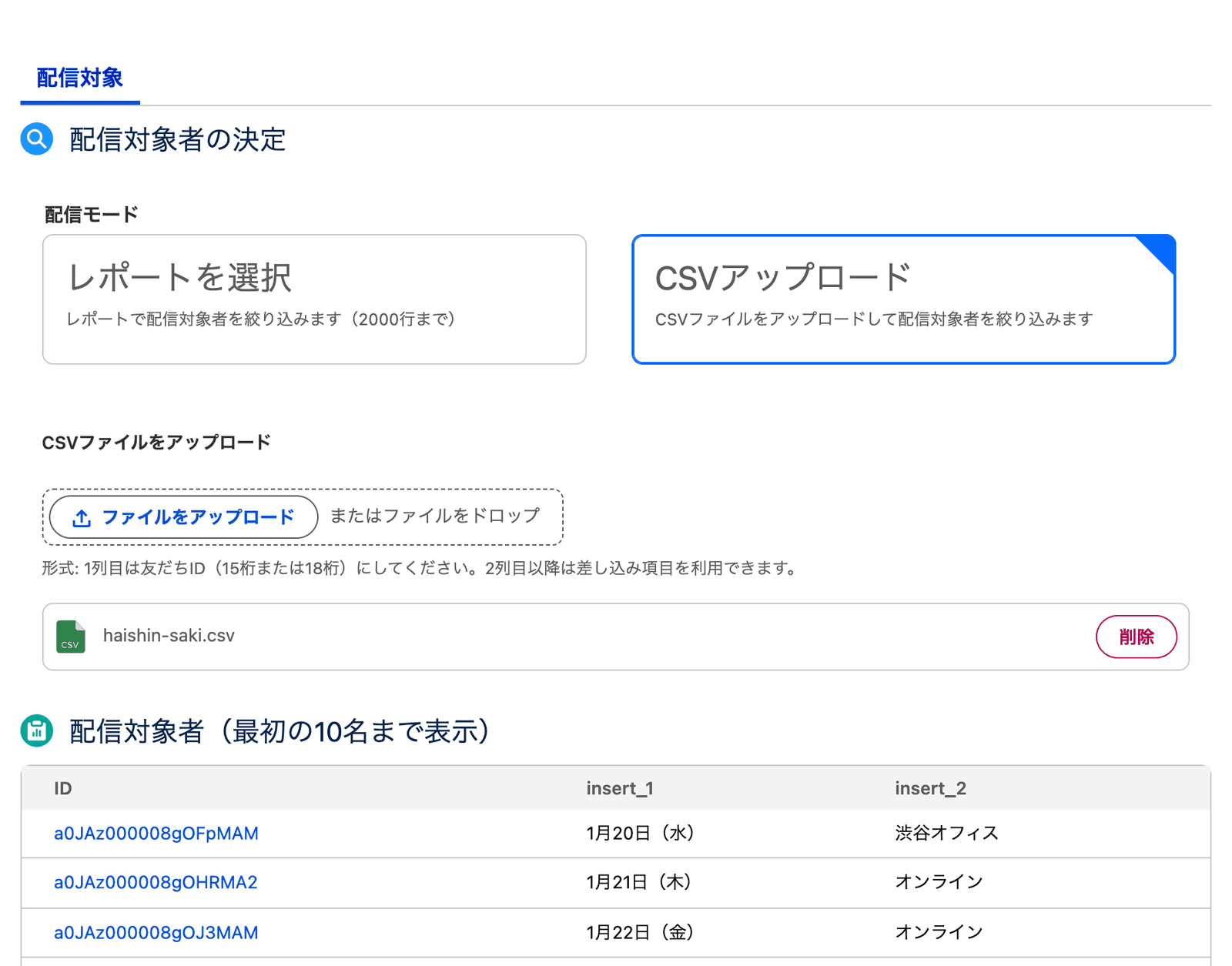 CSV をアップロードし、配信対象者に CSV の内容が表示されたところ(クリックで拡大)