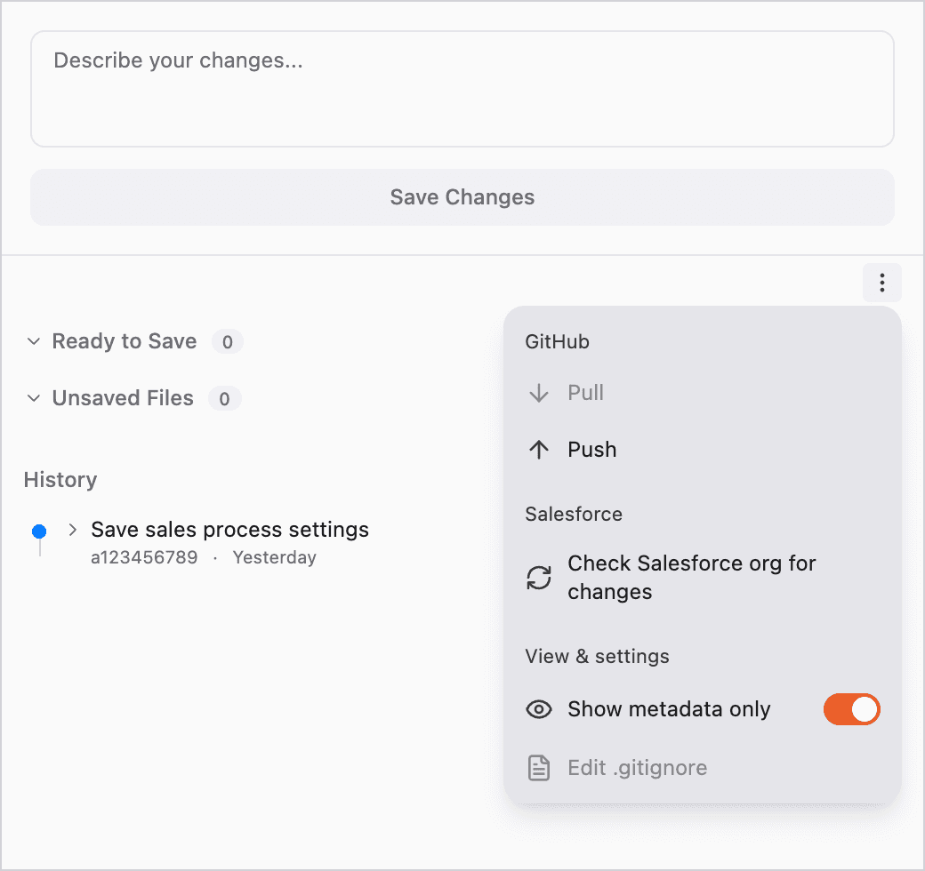 Menu for checking the Salesforce org for changes