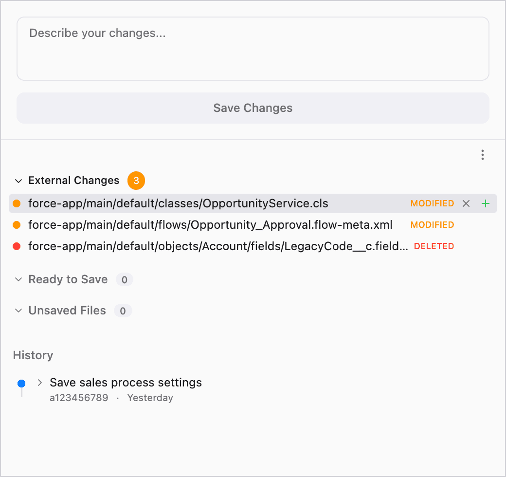 External changes showing modified and deleted metadata