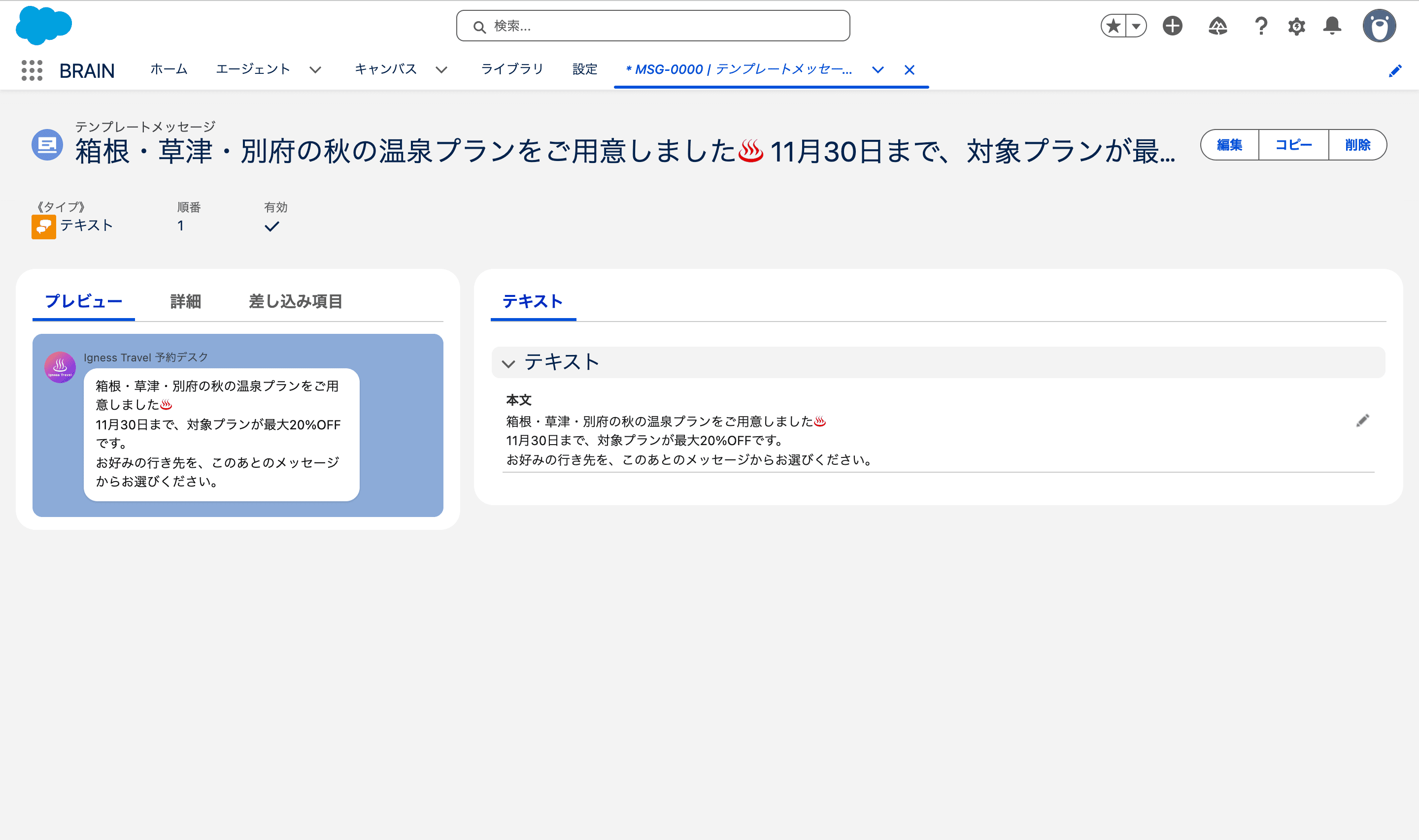 テンプレートメッセージのレコードページ全景(クリックで拡大)