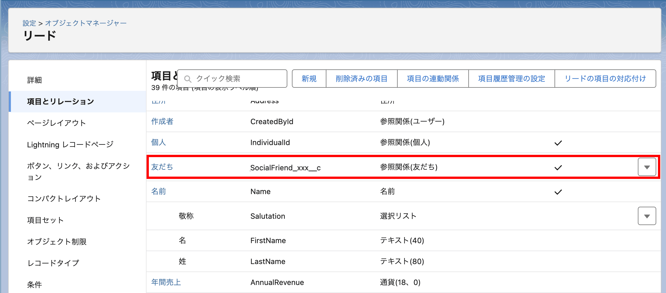 完了すると、リードの 項目とリレーション 画面に「友だち」項目が作られます(クリックで拡大)