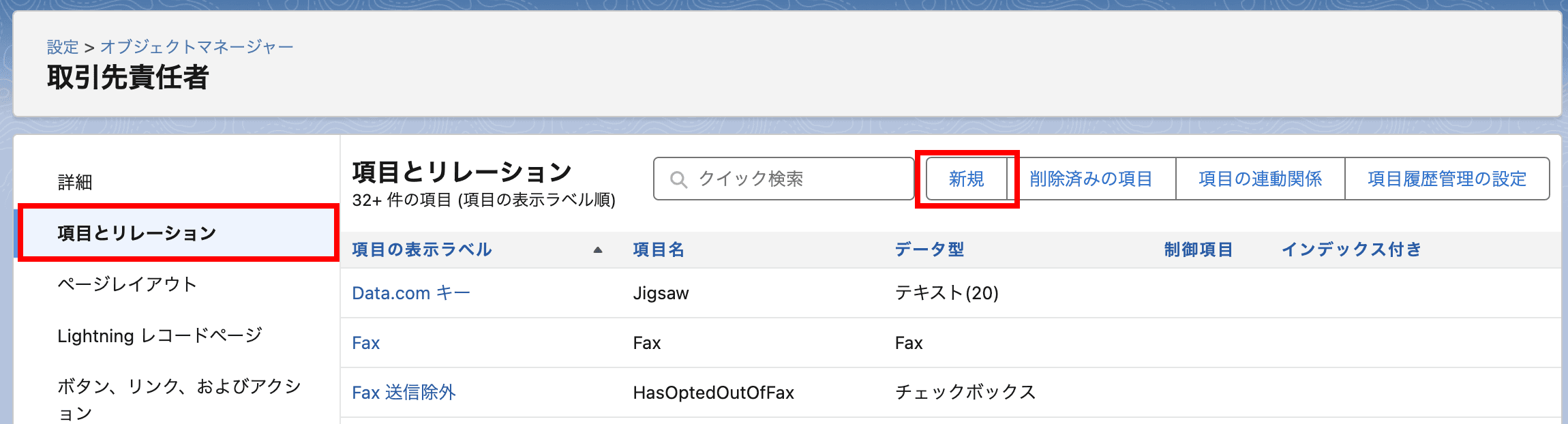項目とリレーション を開き、 新規 をクリックします(クリックで拡大)