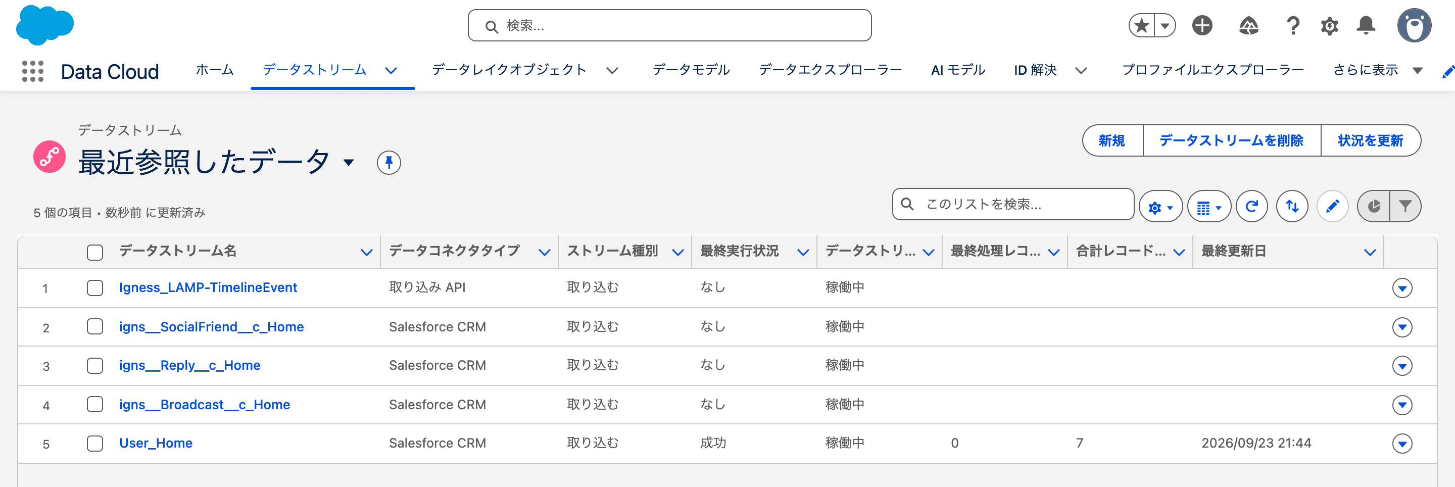 データストリームが4本作成された状態(クリックで拡大)